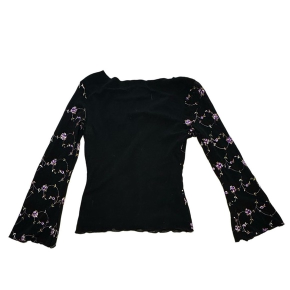 Black Sheer Bell Sleeve Top with Purple Embroidered Flowers - Picture 4 of 4